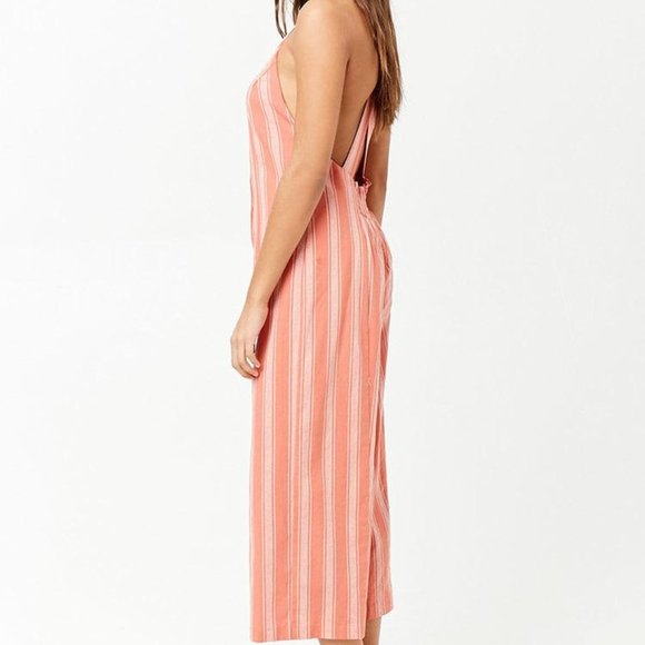 Forever 21 Striped Coral Buttoned Halter Jumpsuit M - Picture 2 of 5